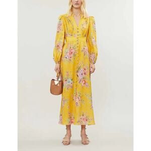 Zimmermann Yellow Mariglold Zinnia Floral Linen Maxi Dress, 0, US 4, Small